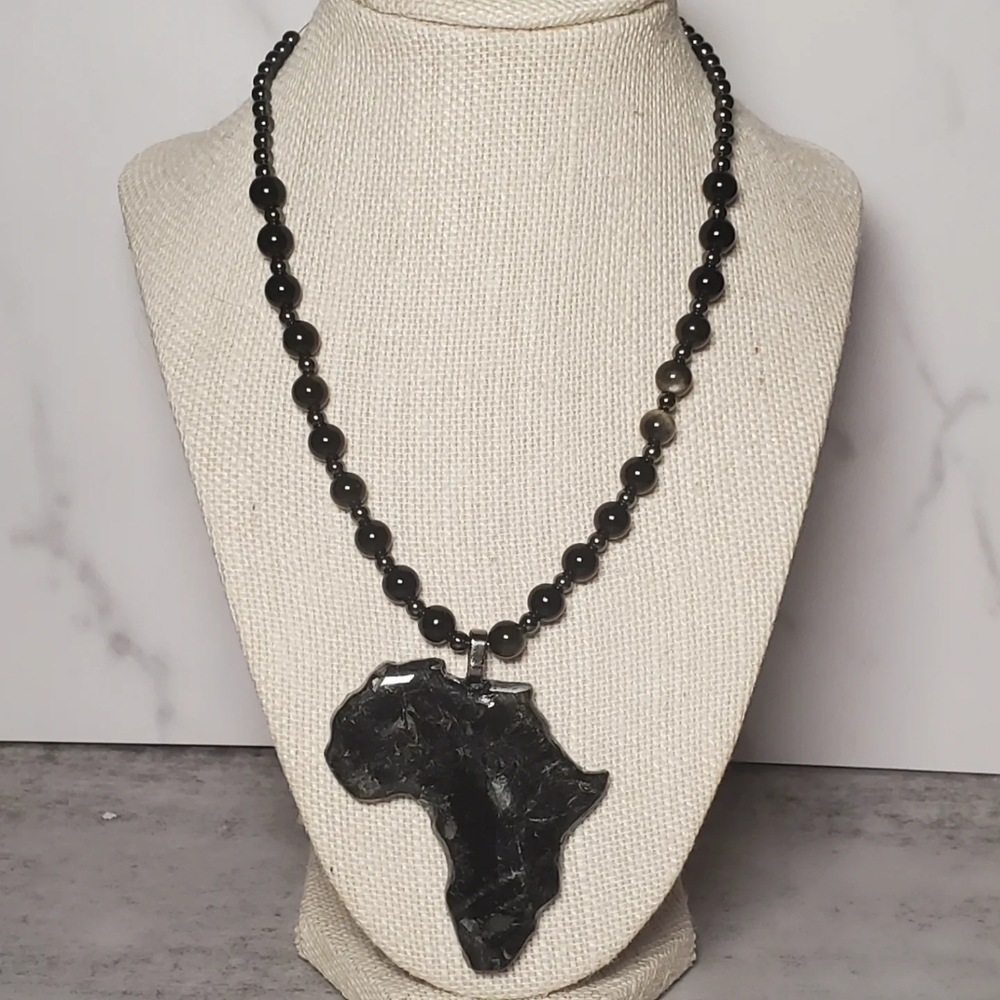 22" Gemstone Africa Necklace | Handmade Gemstone Necklace with clay pendant